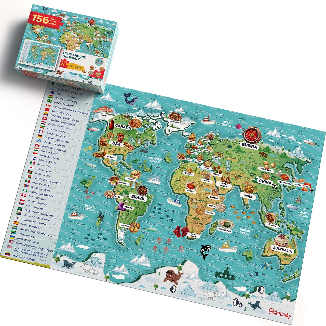 Baketivity Food Around the World Kids Puzzle - 24” x 36” Floor Puzzle for Kids Ages 6-8+ World Map Puzzle with Flags and Food - 156 Piece Educational Jigsaw Puzzle